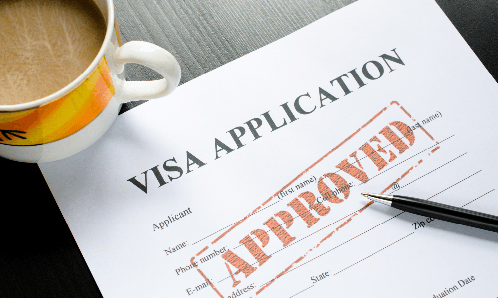 Visa Application papers with pen and mug 