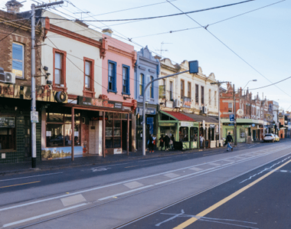 Colourful shops and cafes along Brunswick Street in Fitzroy, Melbourne