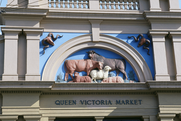 Entrance of Queen Victoria Market in Melbourne with animal sculptures