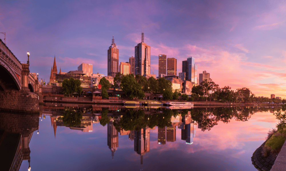 Melbourne city skyline at sunset reflected in the Yarra River