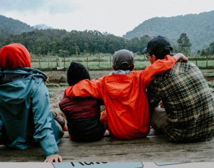 family in a rainy forrest